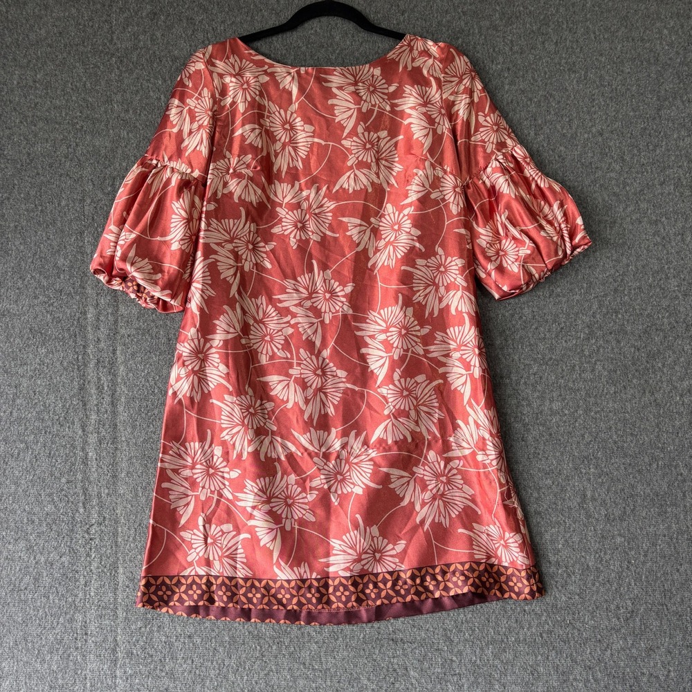As U Wish‎ Floral Satin Puff Sleeve Shift Mini Dress Coral Pink Small
